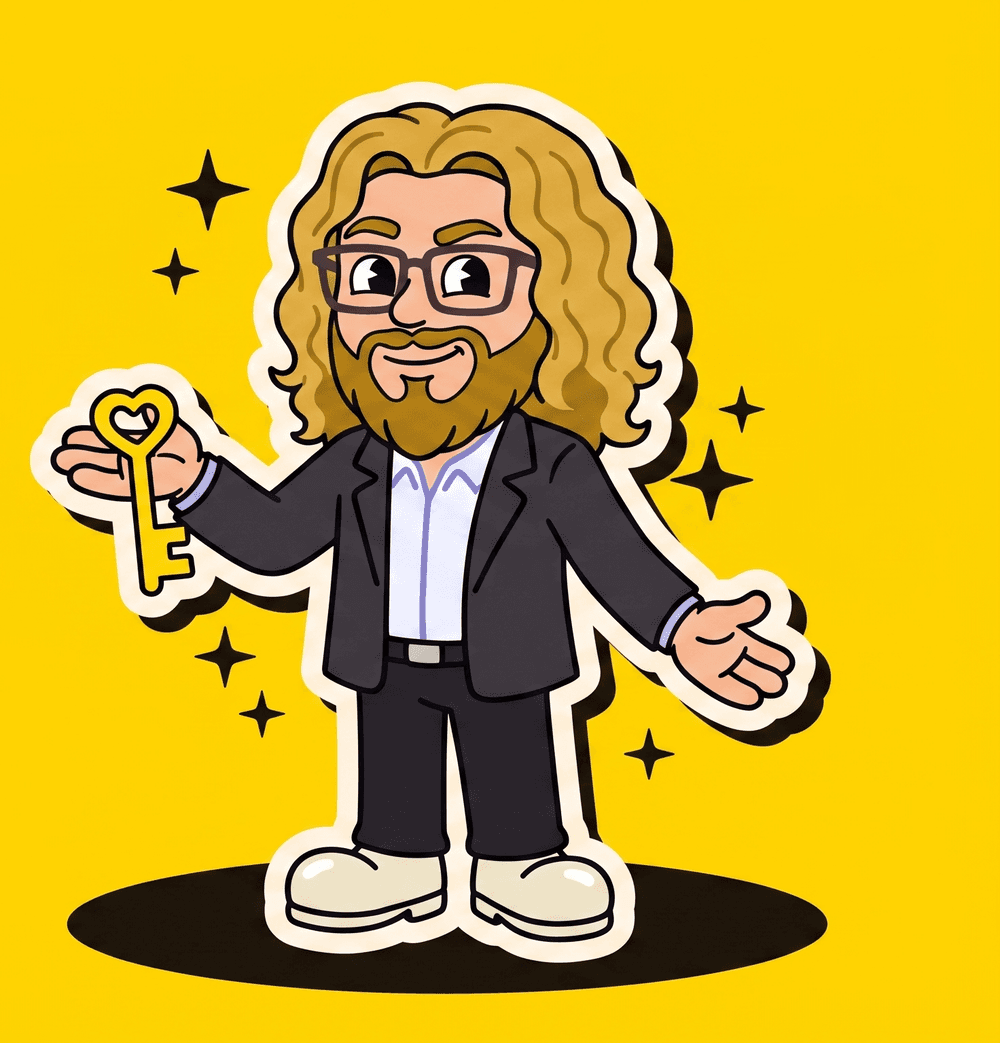 Josh Day mascot offering the open-source key