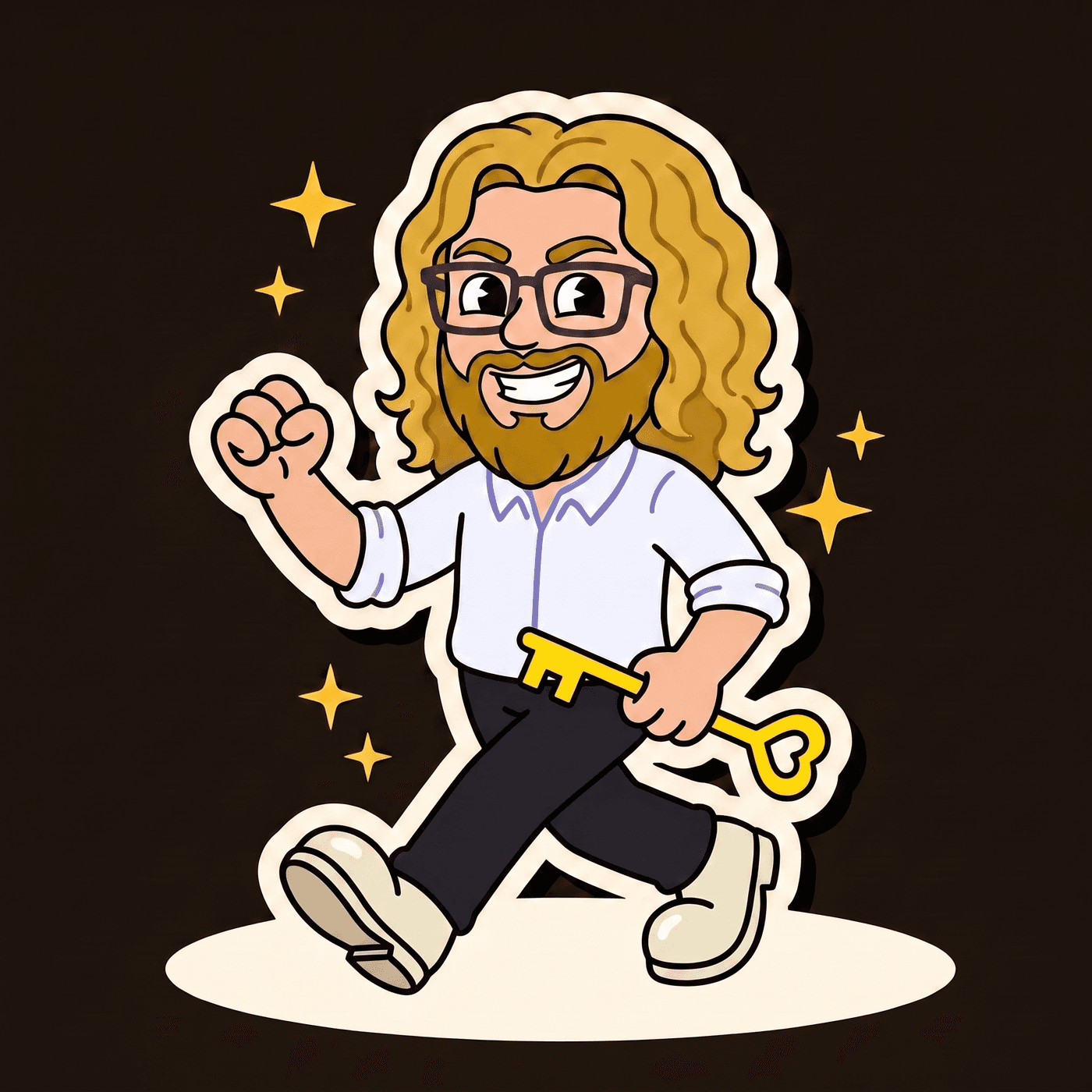 Josh Day — illustrated mascot mid-stride, sleeves rolled, the open-source key in hand
