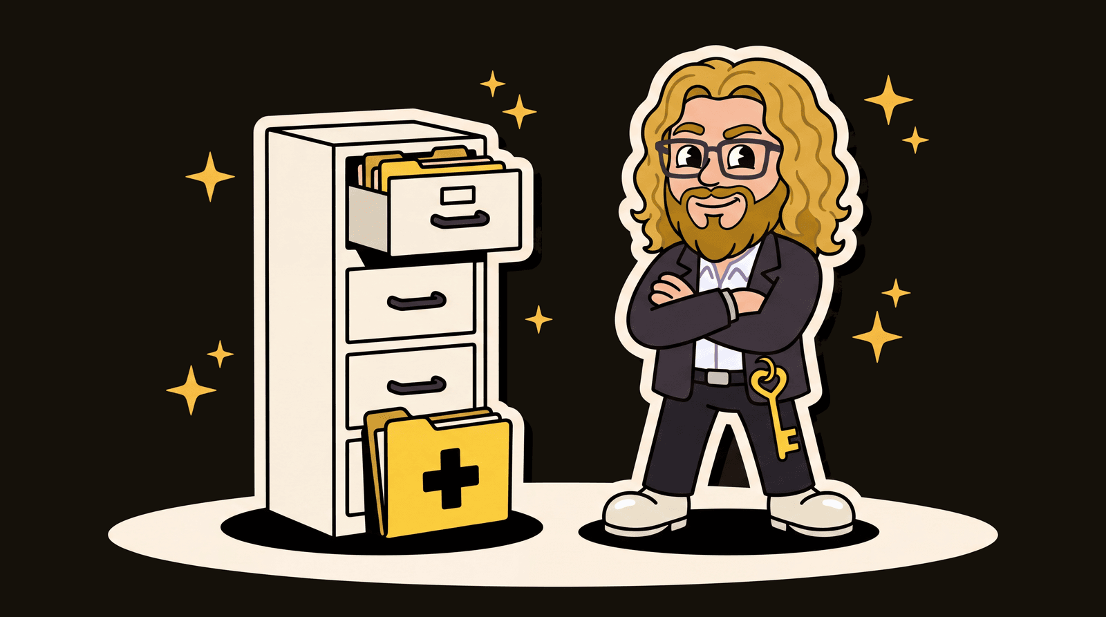 Josh Day standing guard beside a filing cabinet of medical folders