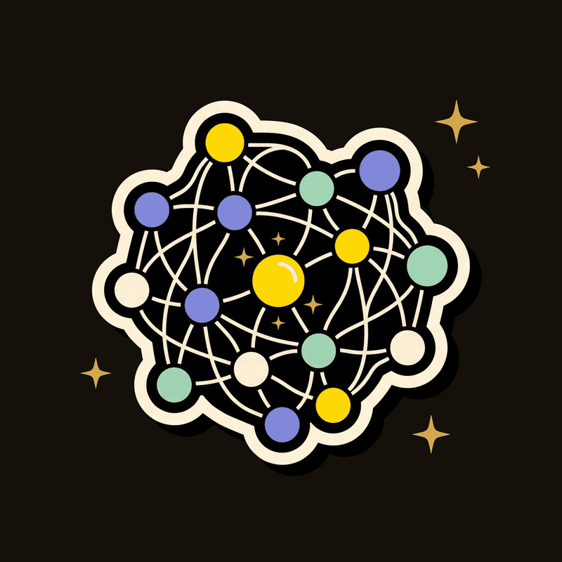 A richly interconnected web of nodes with a glowing yellow center