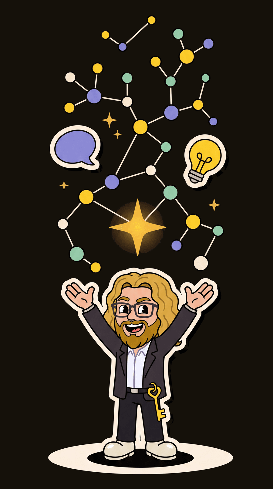 Josh Day raising a glowing spark; a constellation of connected systems climbs the dark